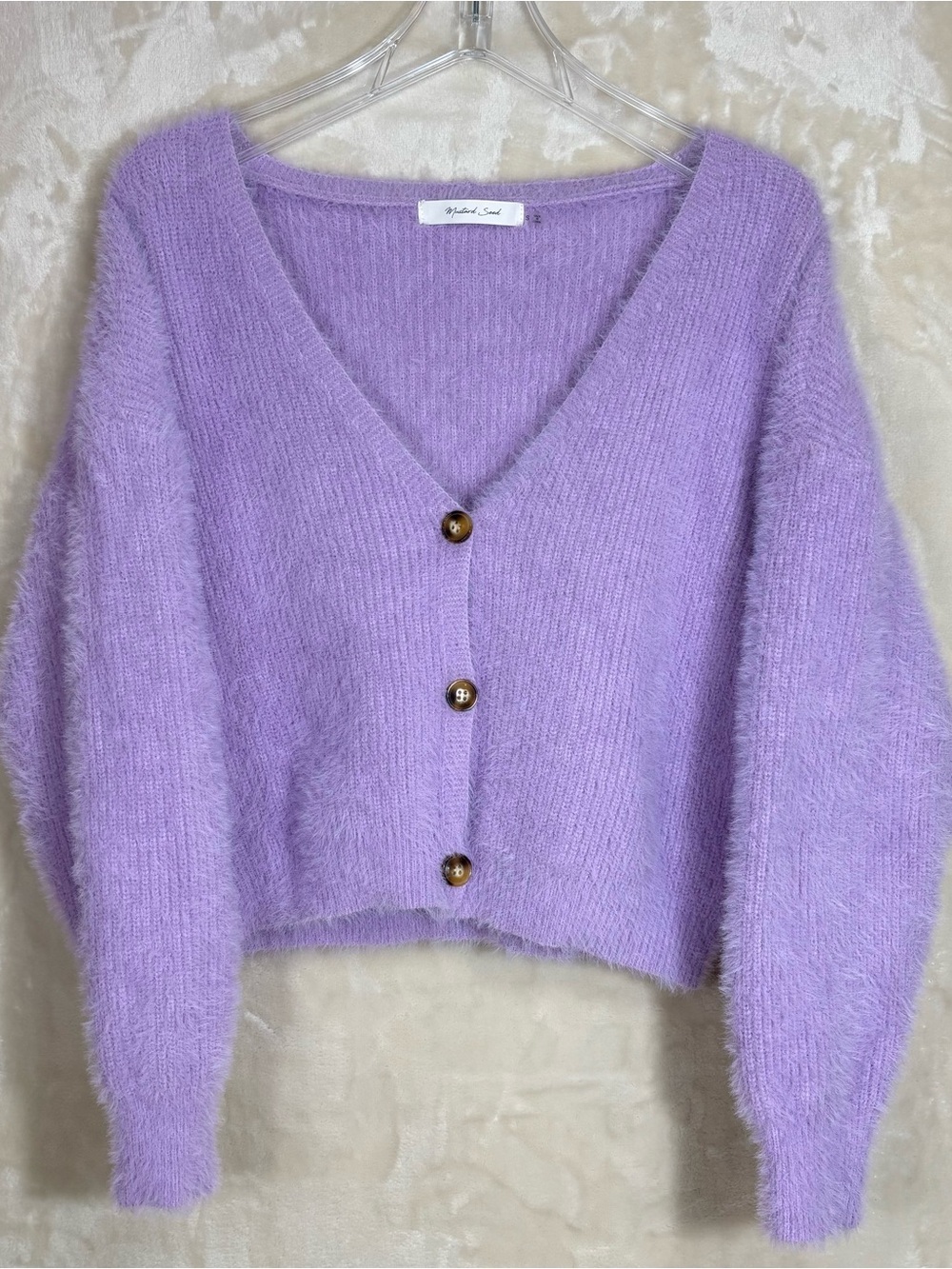Mustard Seed Womenβs Cute Cropped Lilac Fuzzy V-Neck Button Cardigan Size S